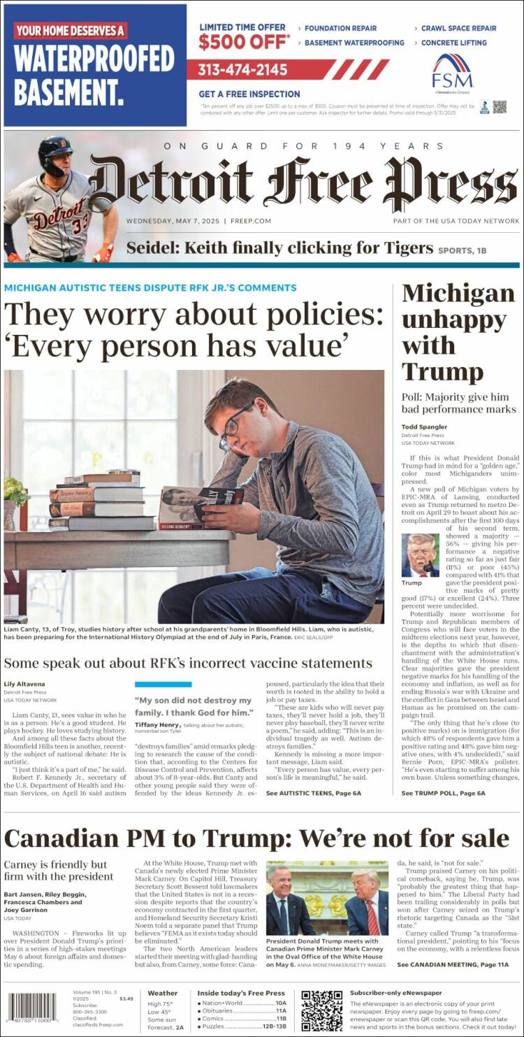 Portada de Detroit Free Press (USA)
