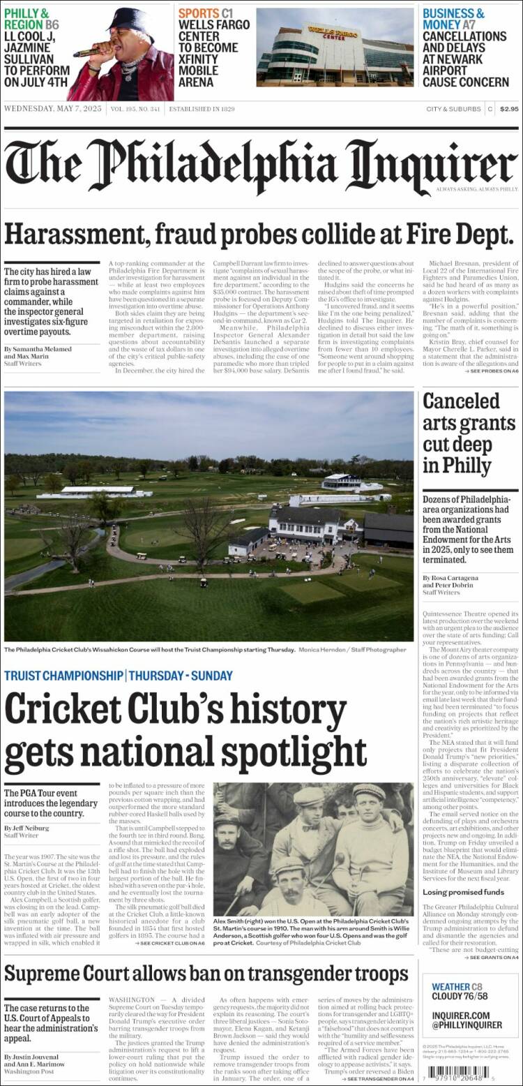 Portada de Philadelphia Inquirer (USA)
