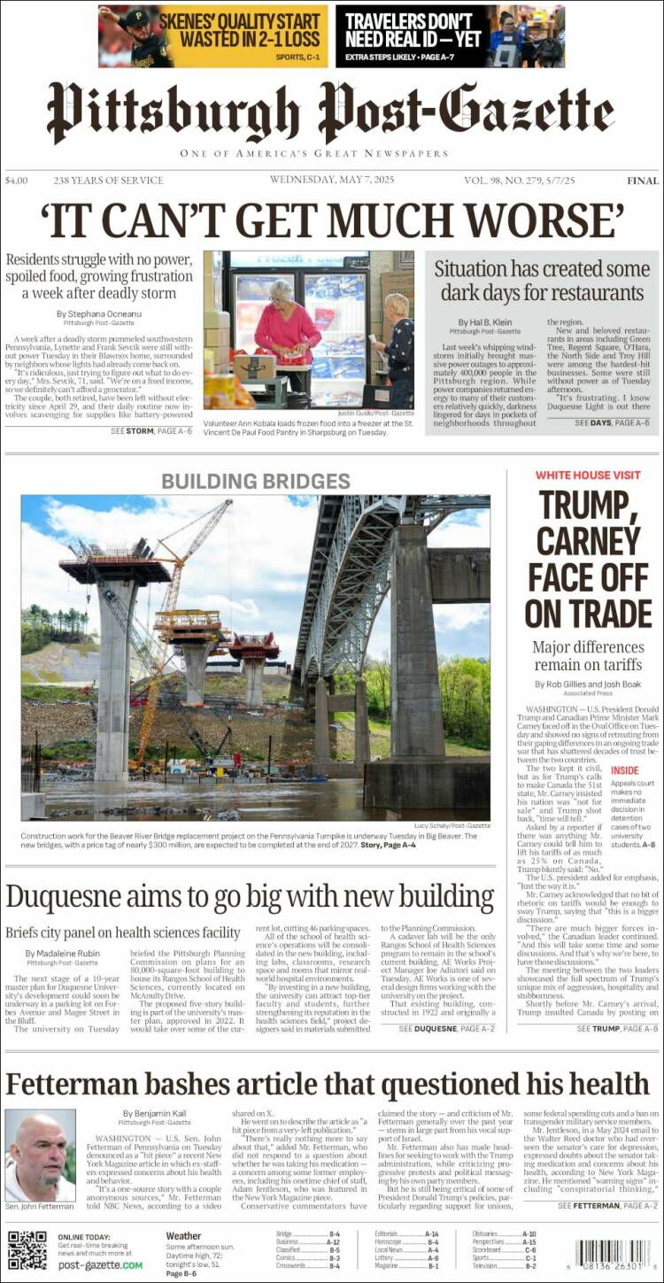 Portada de Pittsburgh Post-Gazette (USA)