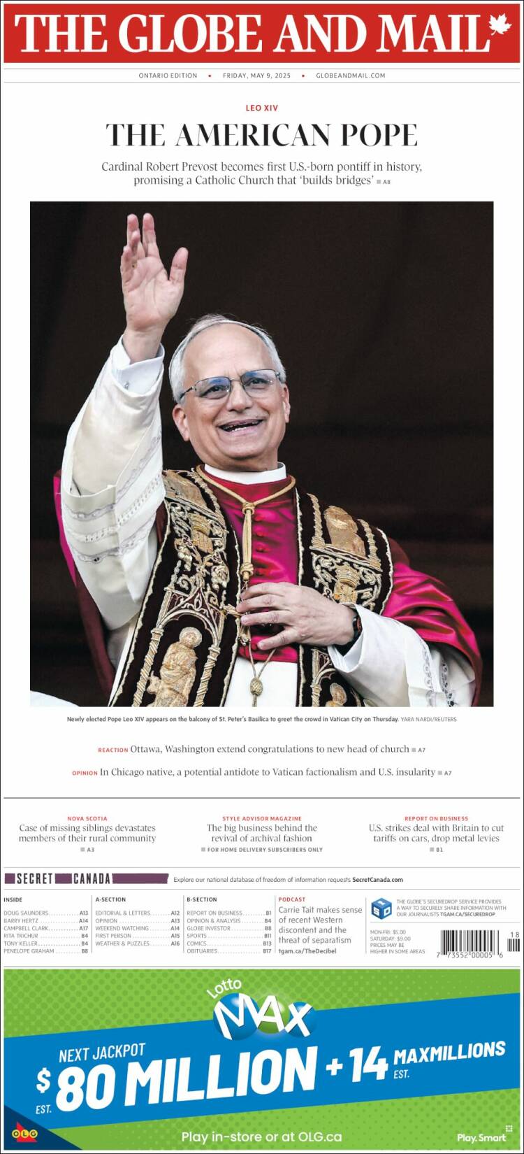 Portada de The Globe and Mail (Canadá)