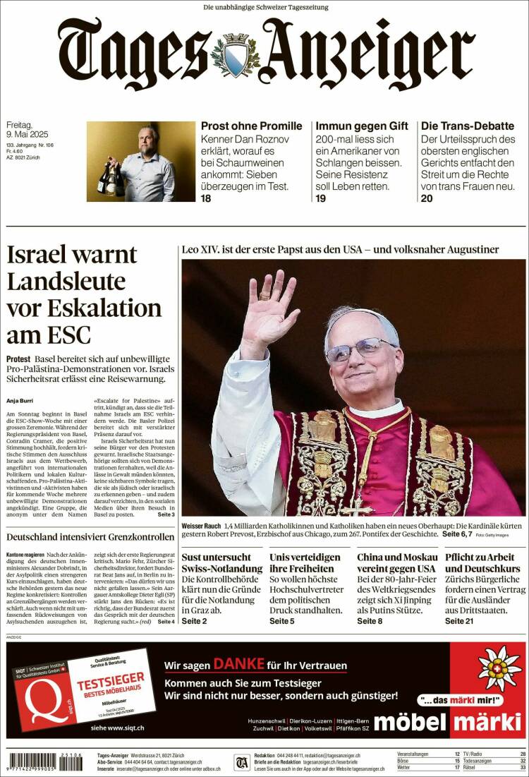 Portada de Tages-Anzeiger (Suiza)