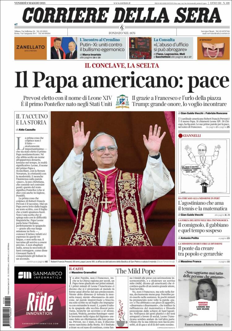 Portada de Corriere della Sera (Italia)
