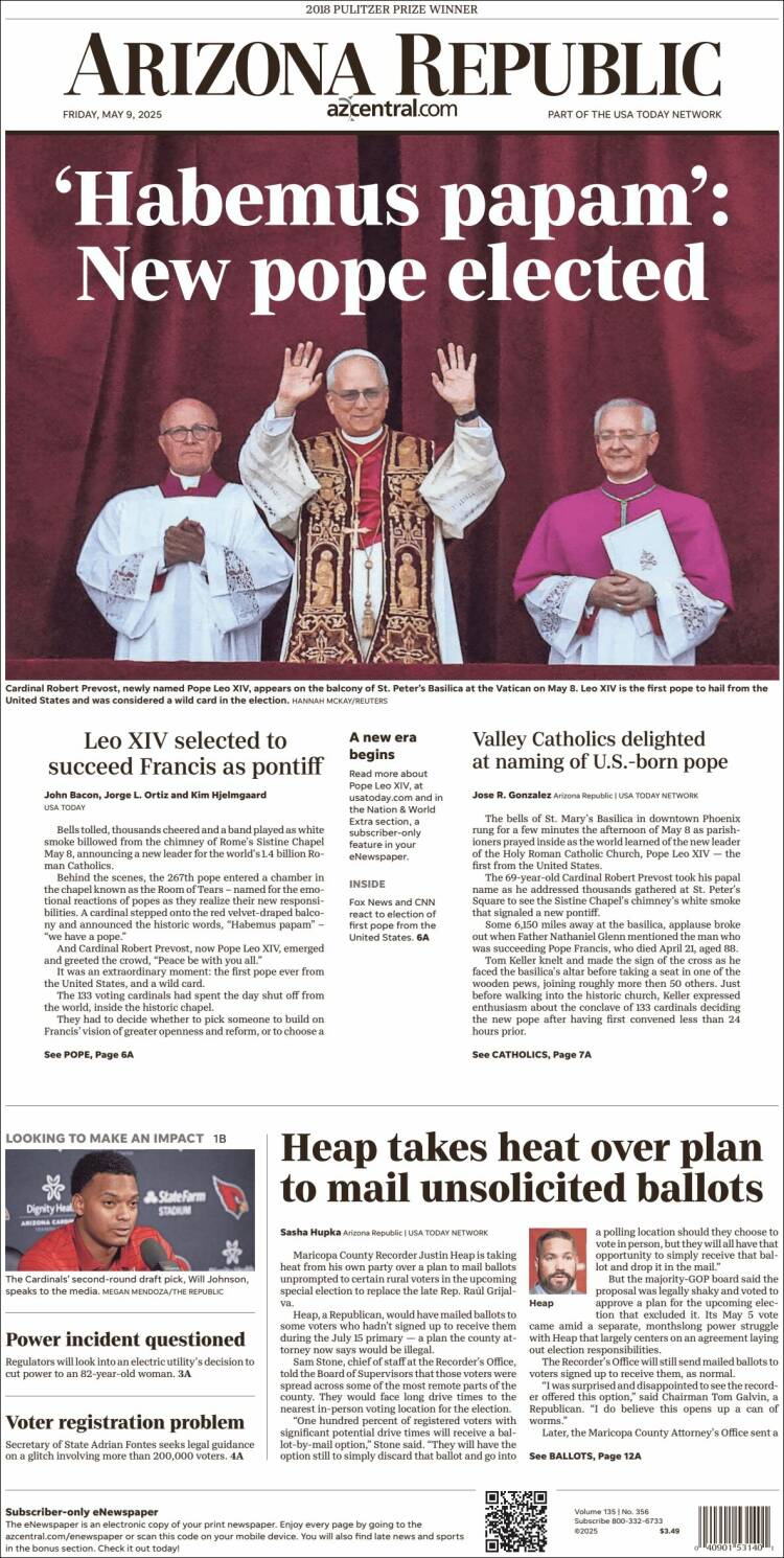 Portada de Arizona Republic News (USA)