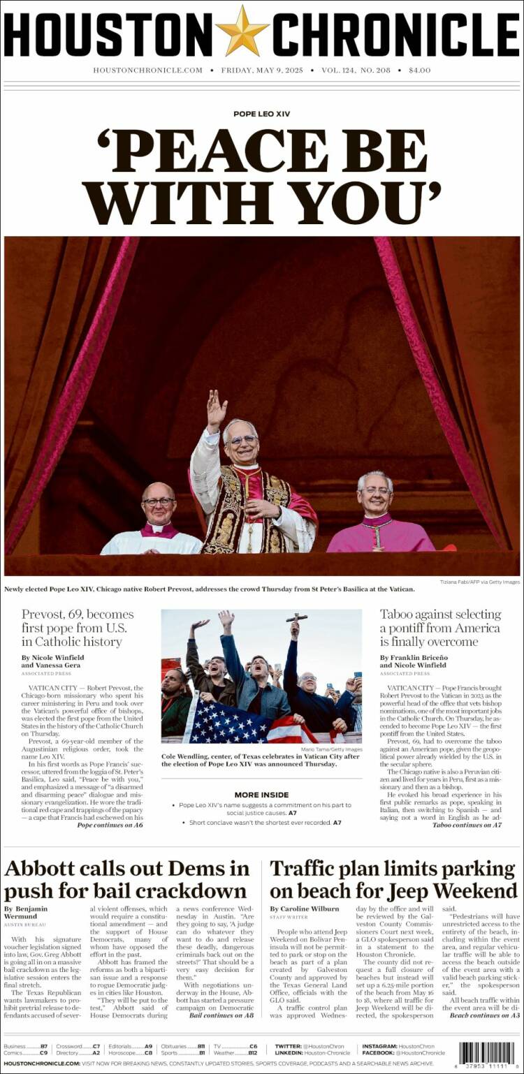 Portada de Houston Chronicle (USA)