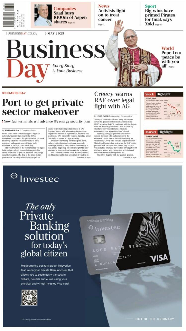 Portada de Business Day (Sud&aacute;frica)