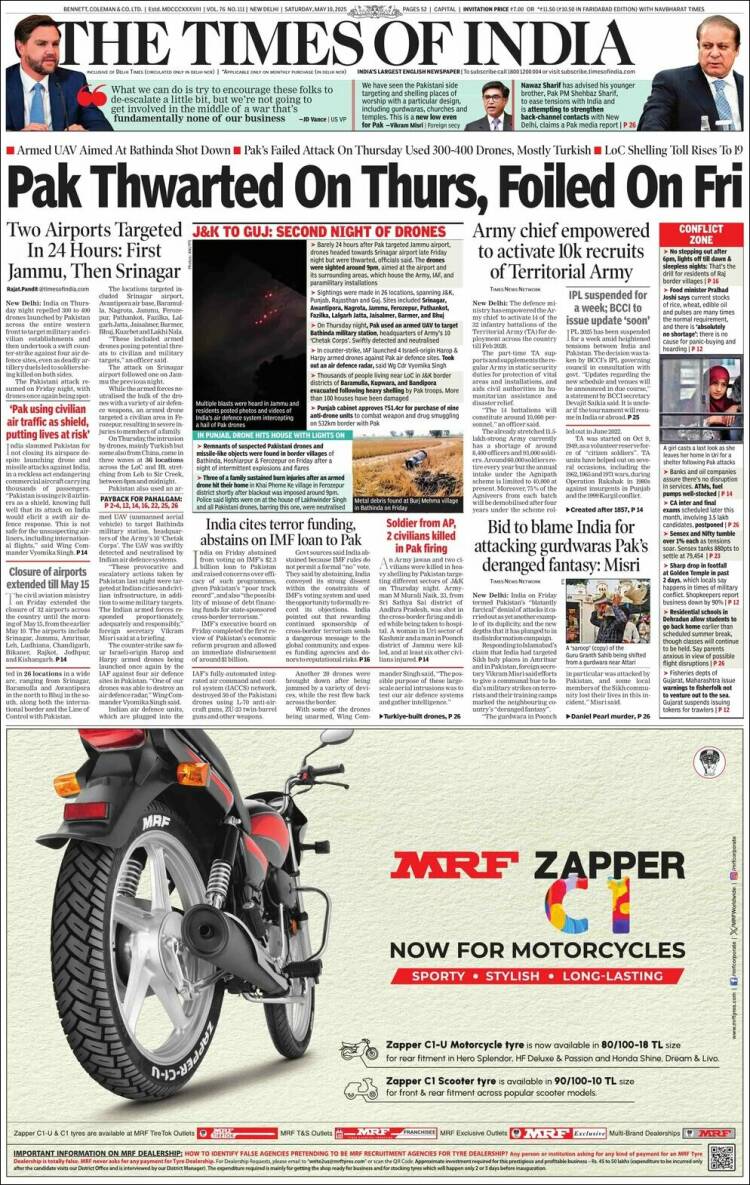 Portada de The Times of India (India)