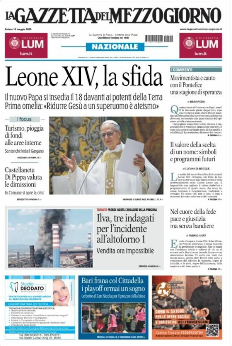 Portada de La Gazzetta del Mezzogiorno (Italia)