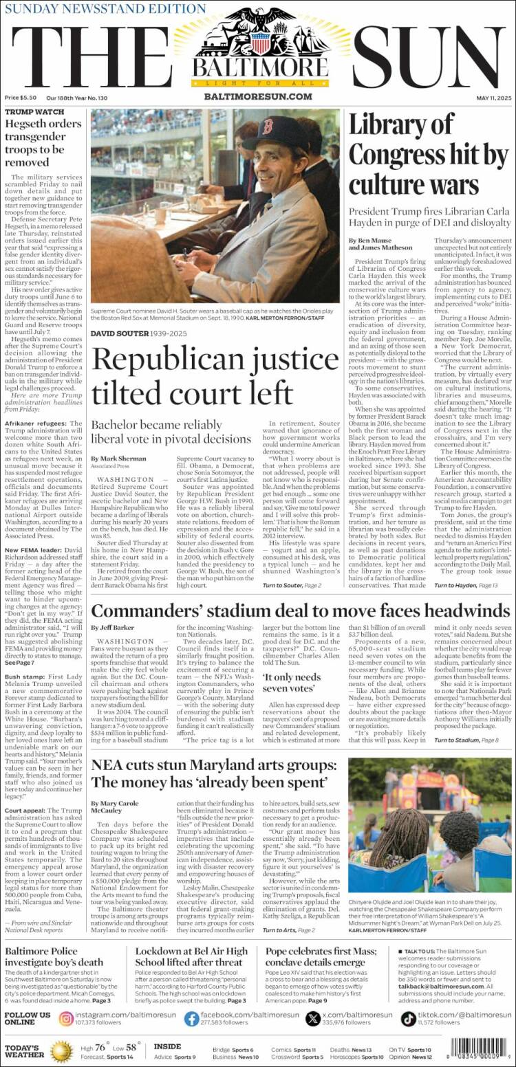 Portada de The Baltimore Sun (USA)