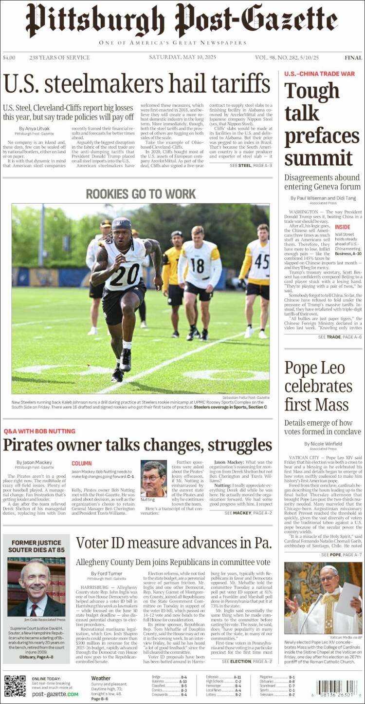 Portada de Pittsburgh Post-Gazette (USA)