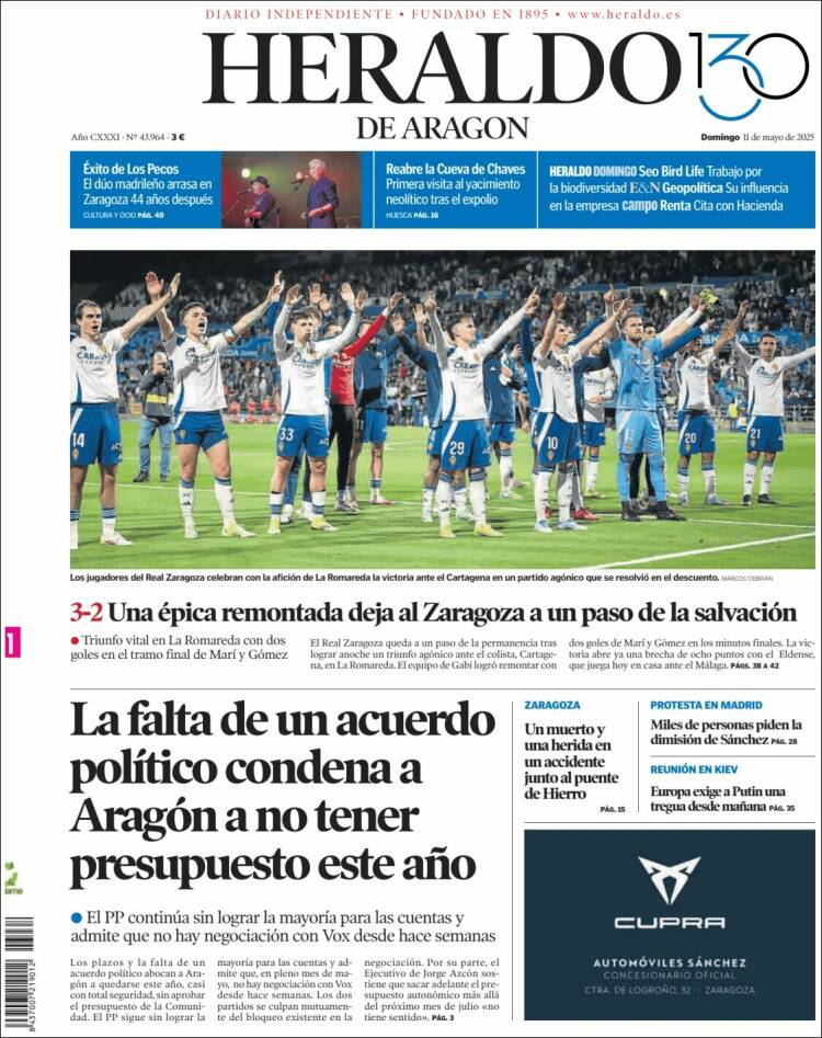 Portada de Heraldo de Aragón (España)