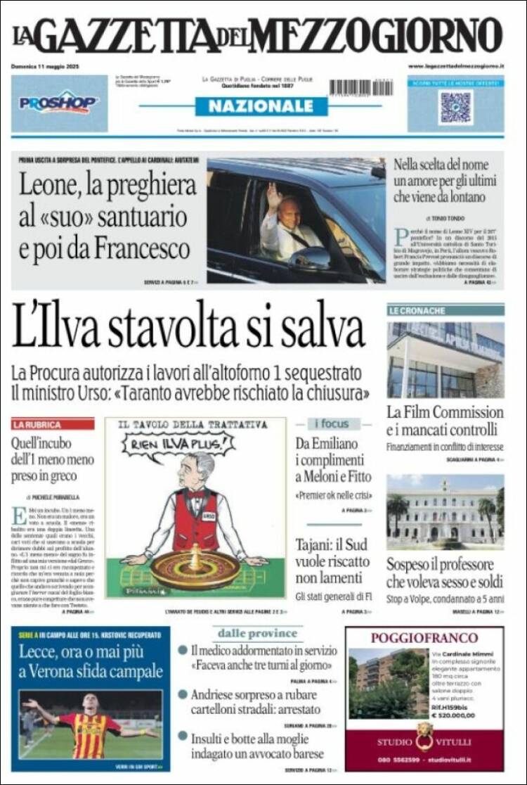 Portada de La Gazzetta del Mezzogiorno (Italia)