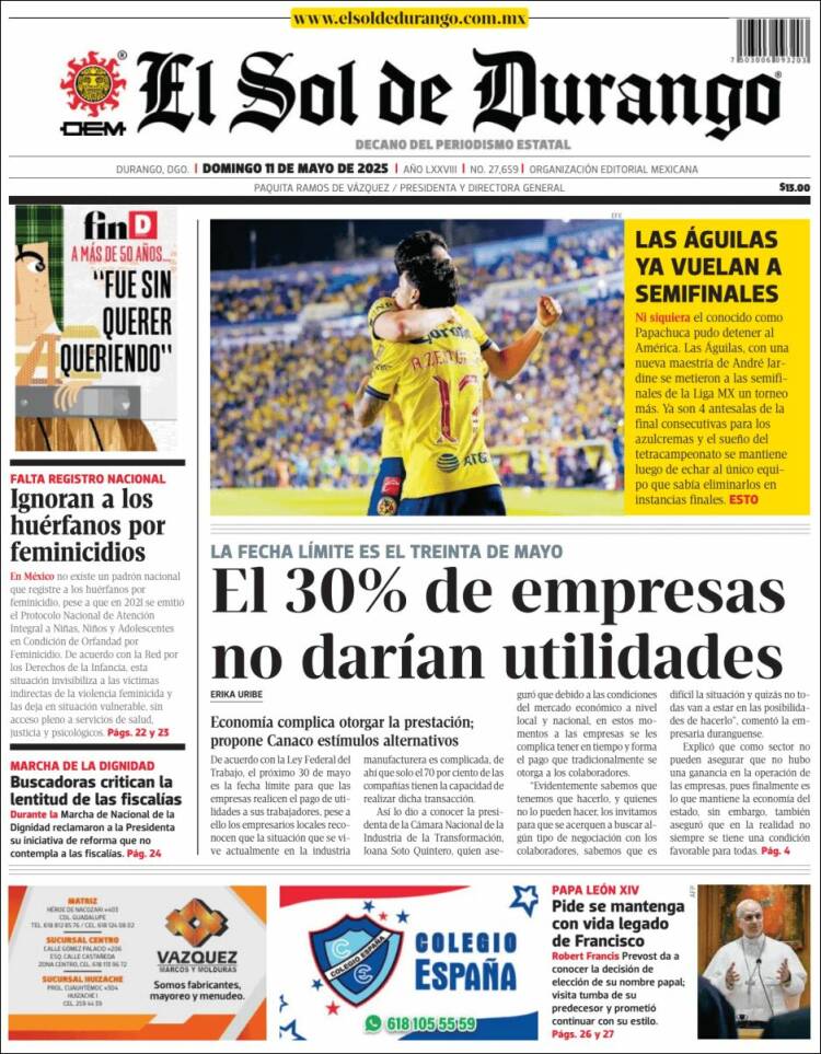 Portada de El Sol de Durango (México)