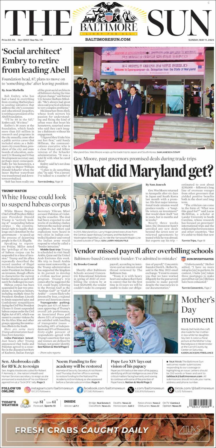 Portada de The Baltimore Sun (USA)