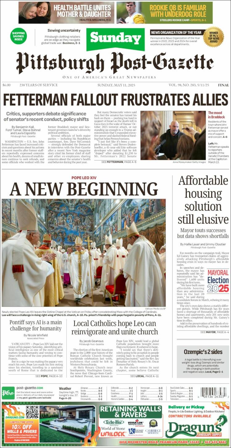 Portada de Pittsburgh Post-Gazette (USA)