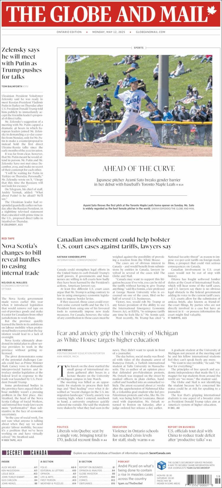 Portada de The Globe and Mail (Canadá)