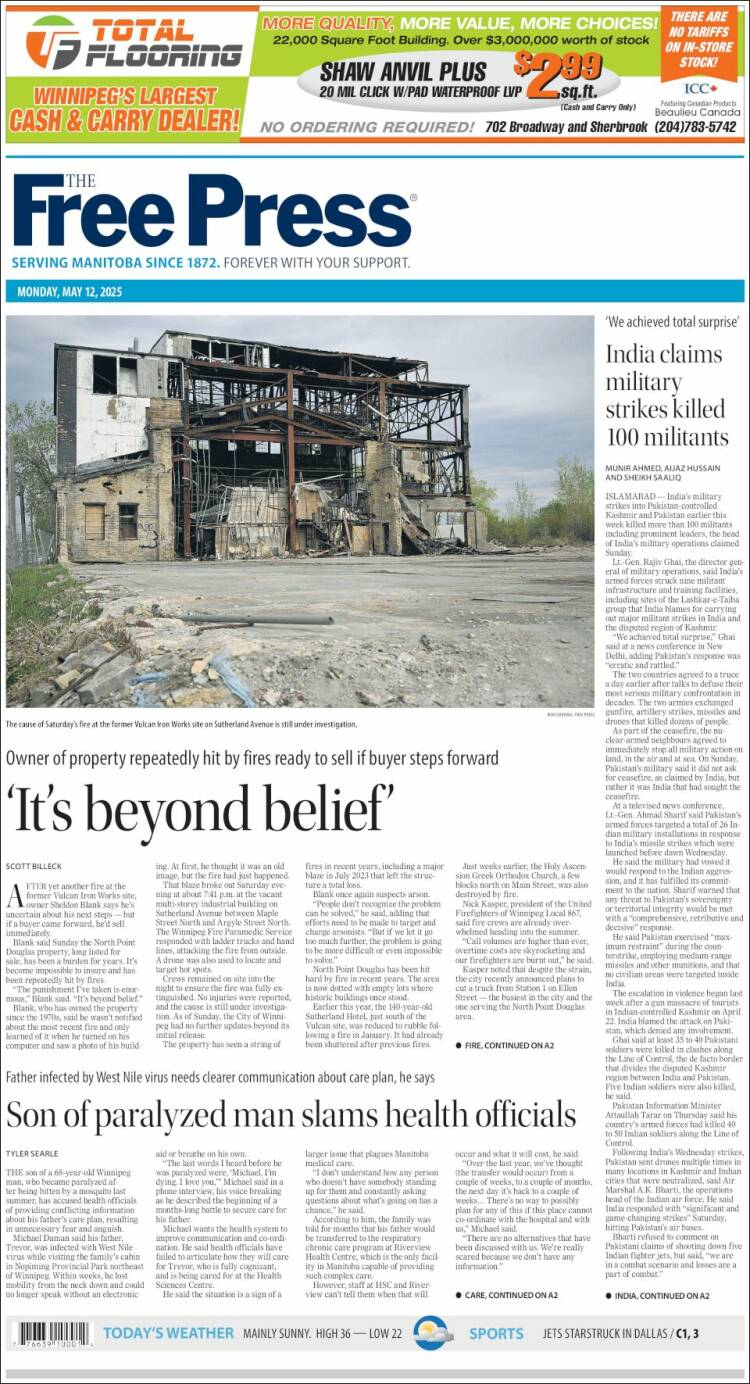 Portada de Winnipeg Free Press (Canadá)