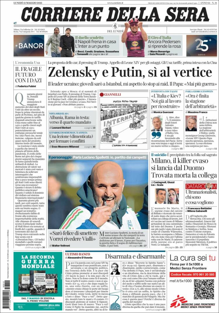 Portada de Corriere della Sera (Italia)
