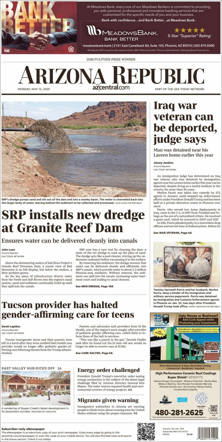 Portada de Arizona Republic News (USA)