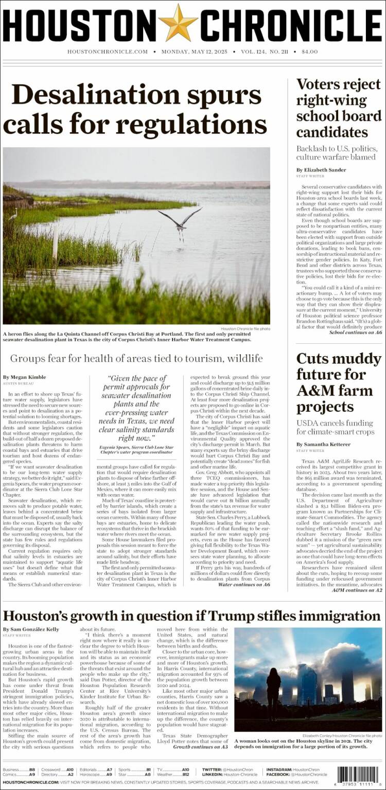 Portada de Houston Chronicle (USA)