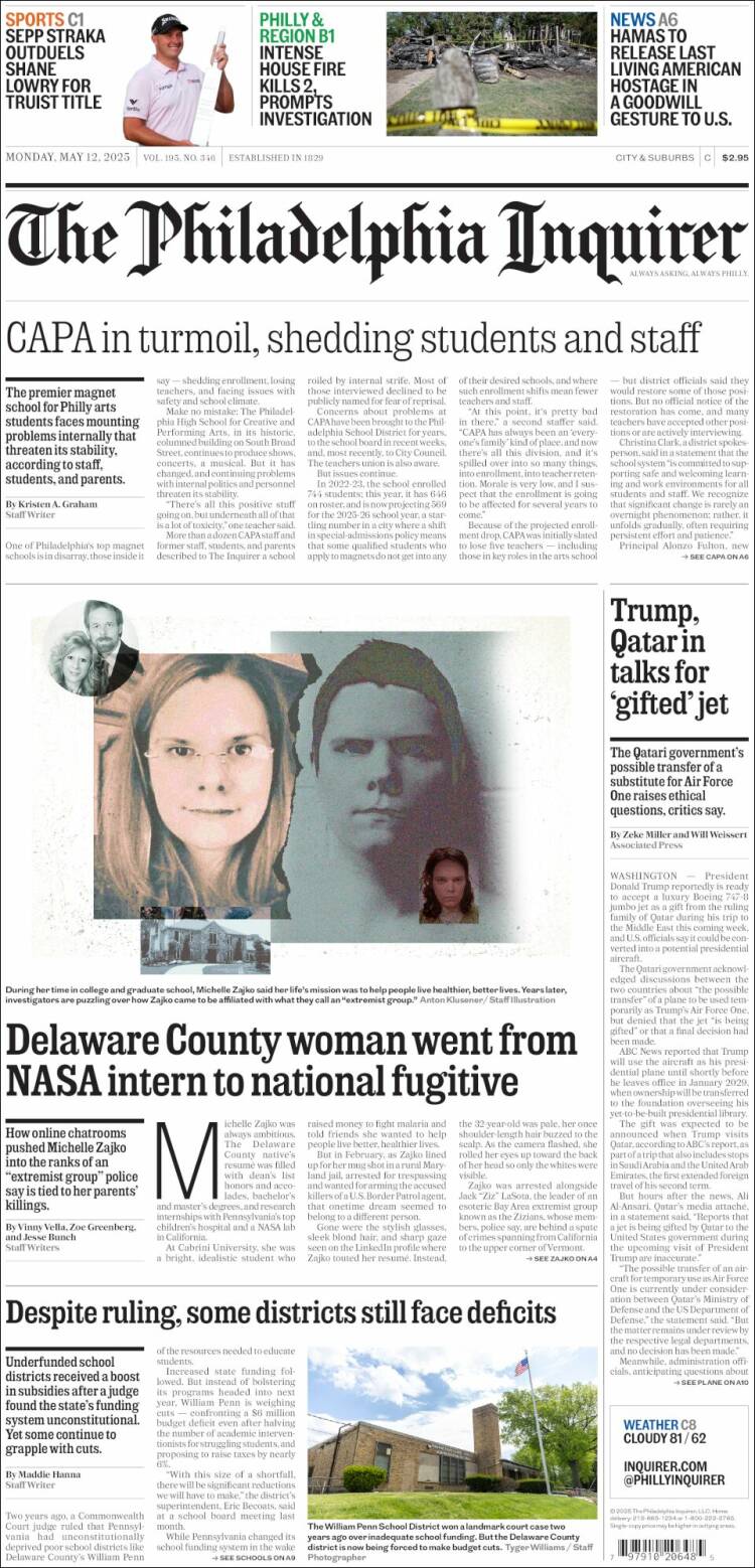 Portada de Philadelphia Inquirer (USA)