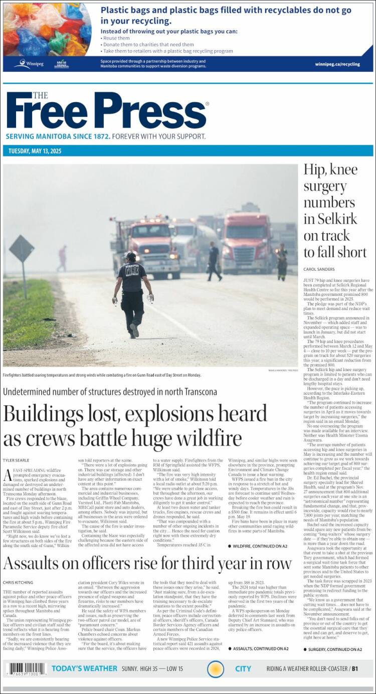 Portada de Winnipeg Free Press (Canadá)