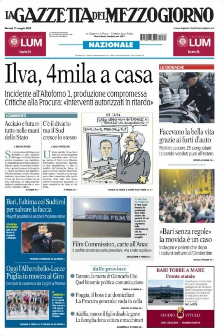 Portada de La Gazzetta del Mezzogiorno (Italia)
