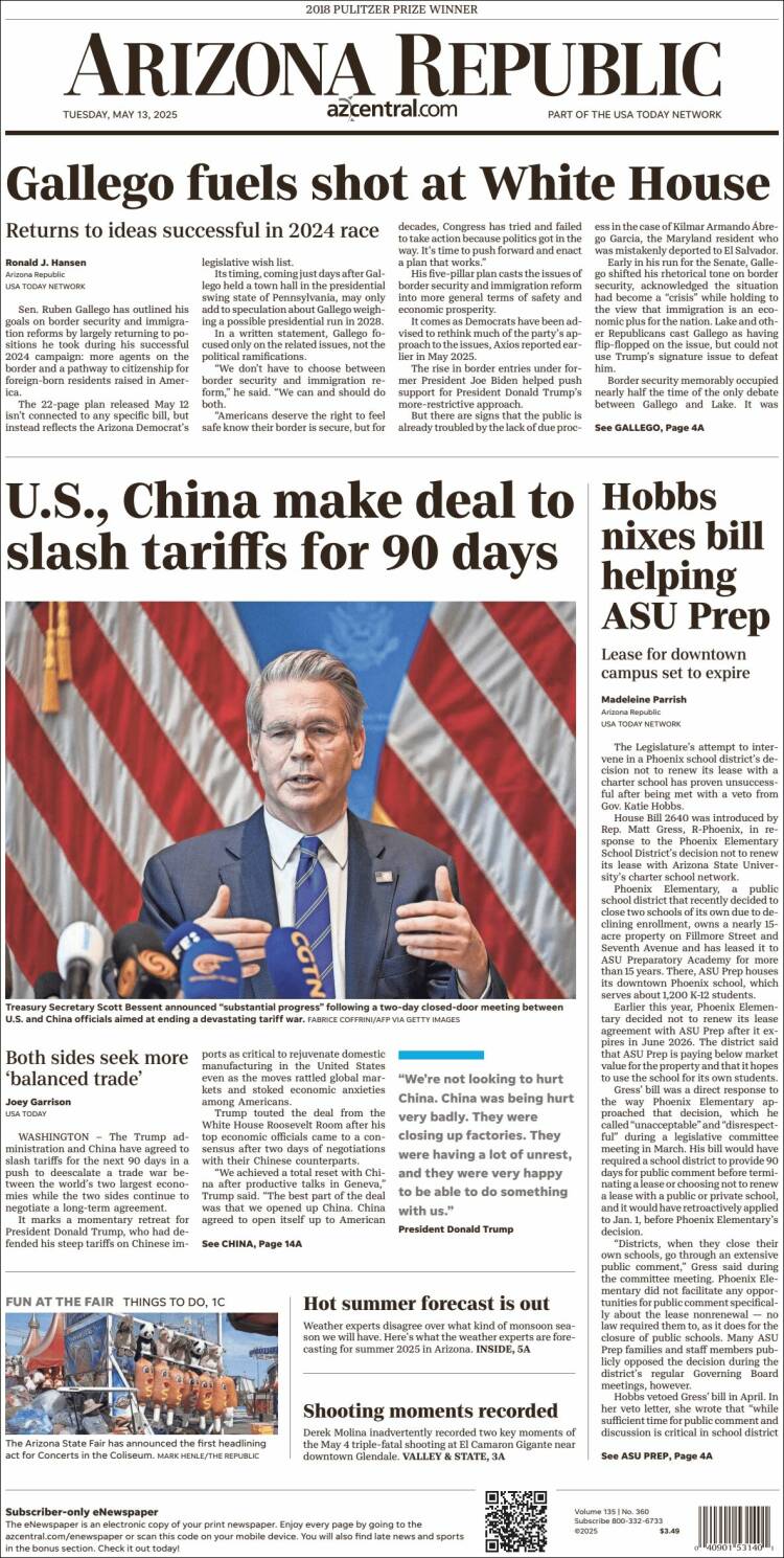 Portada de Arizona Republic News (USA)