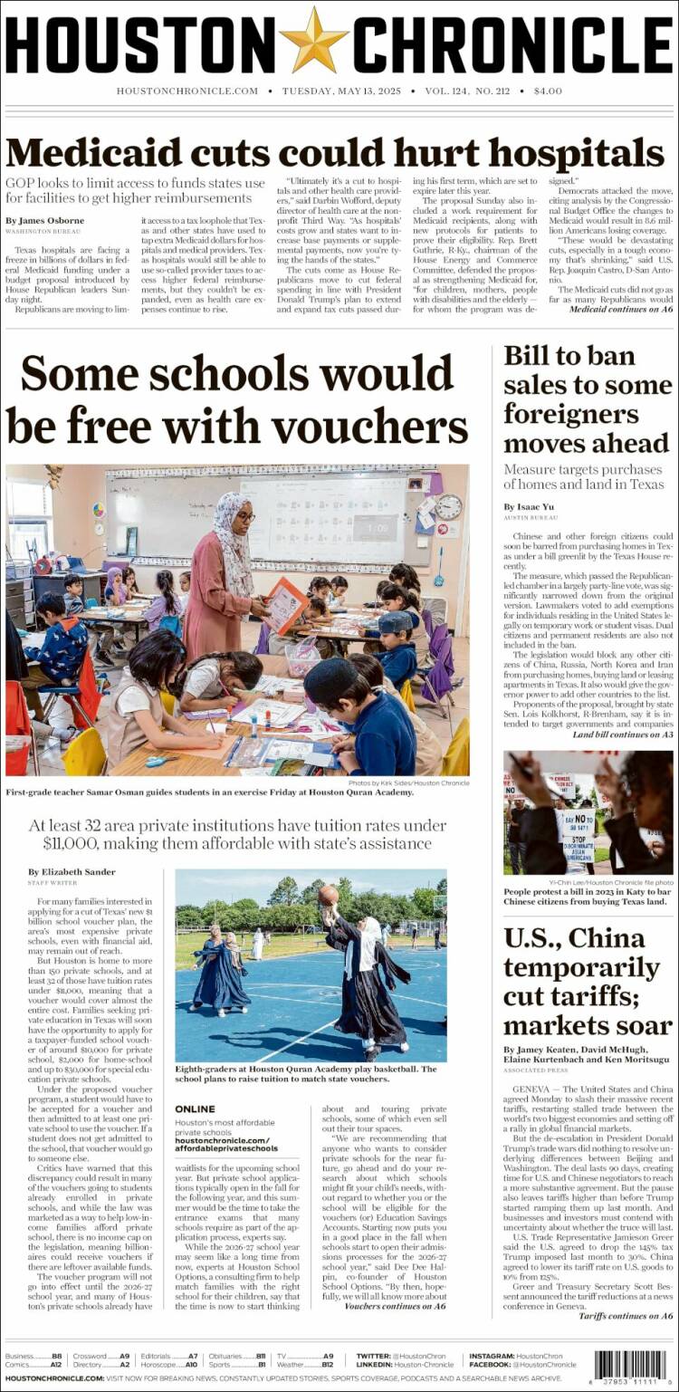 Portada de Houston Chronicle (USA)