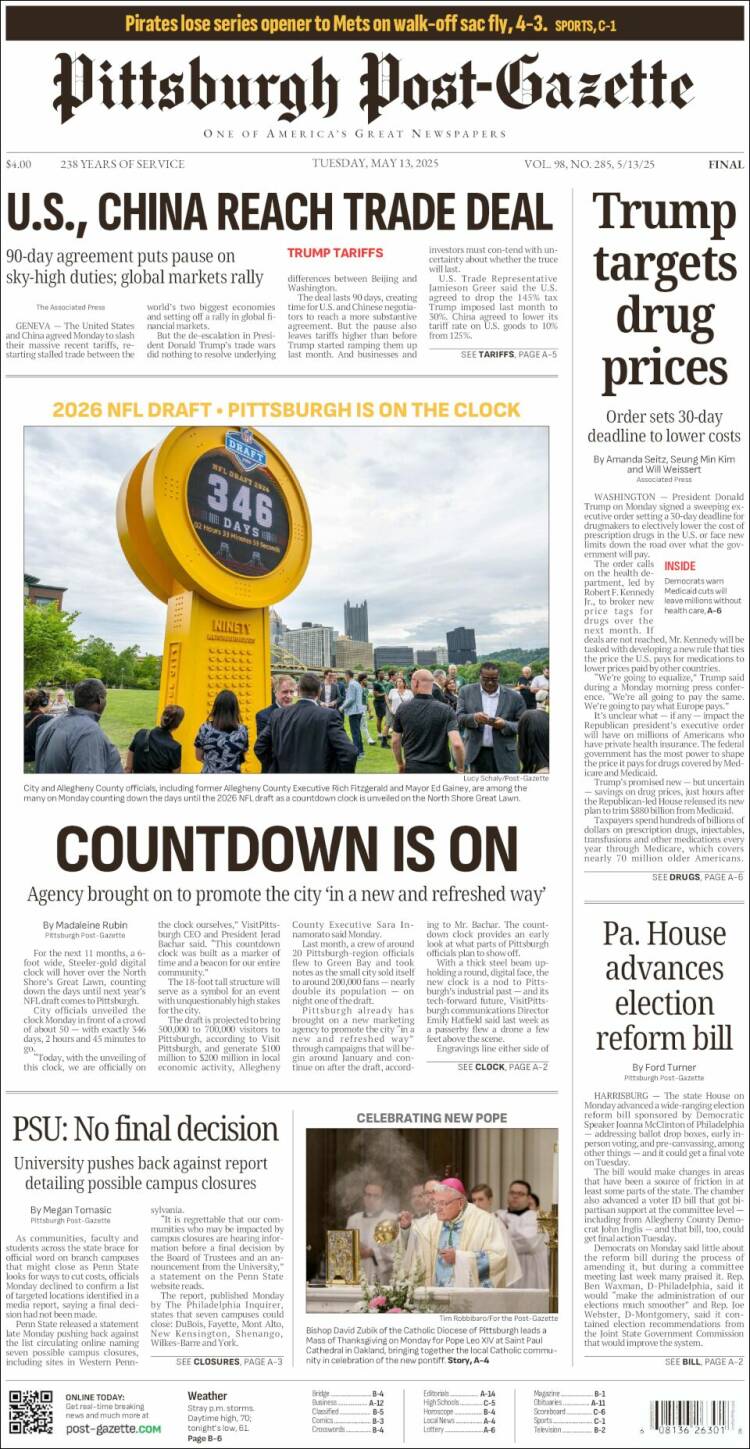 Portada de Pittsburgh Post-Gazette (USA)