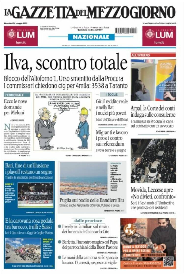 Portada de La Gazzetta del Mezzogiorno (Italia)