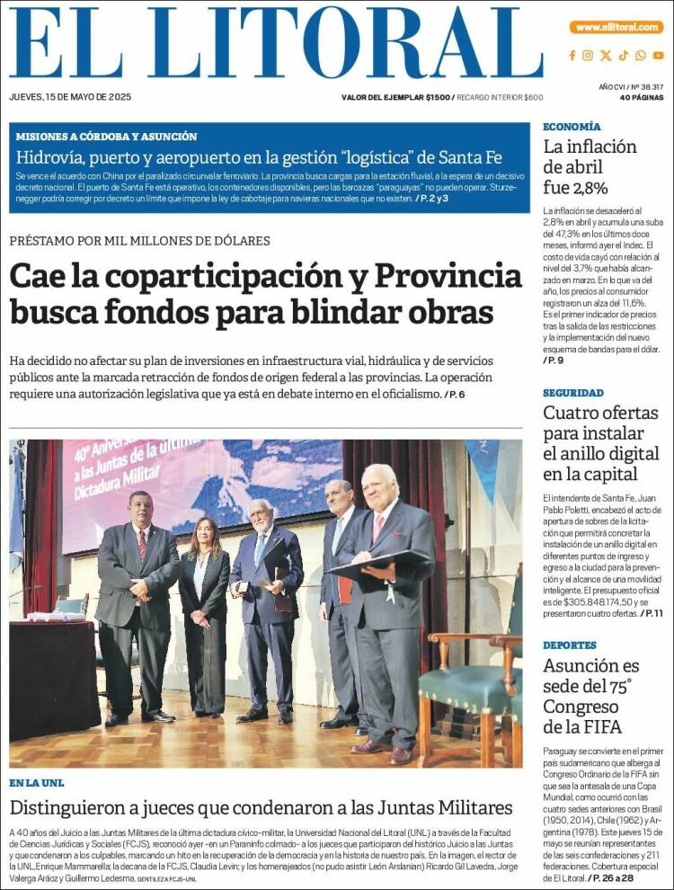 Portada de Diario El Litoral (Argentina)