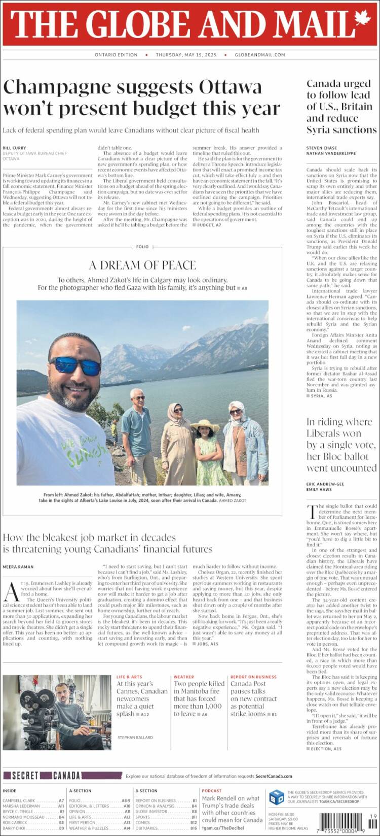 Portada de The Globe and Mail (Canada)