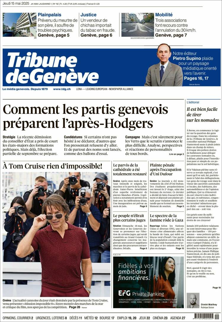 Portada de La Tribune de Genève (Suisse)