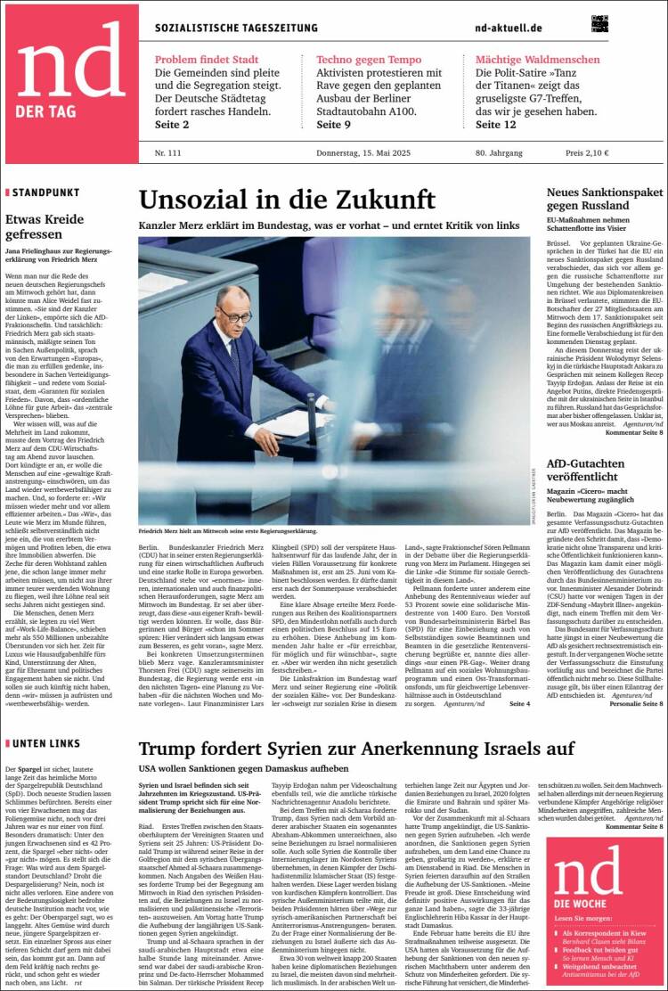 Portada de Neues Deutschland (Alemania)