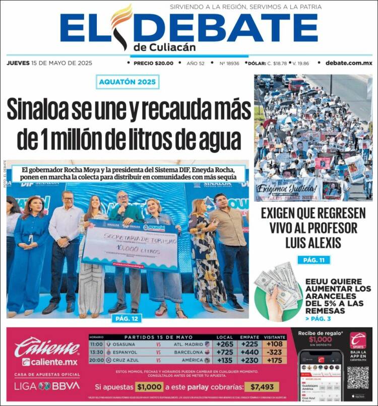 Portada de El Debate de Culiacán (México)