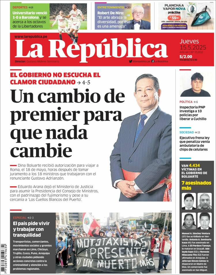 Portada de La Republica (Perú)
