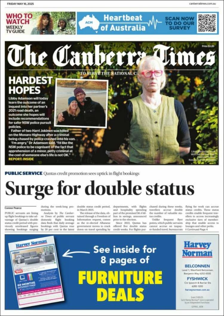 Portada de The Canberra Times (Australia)