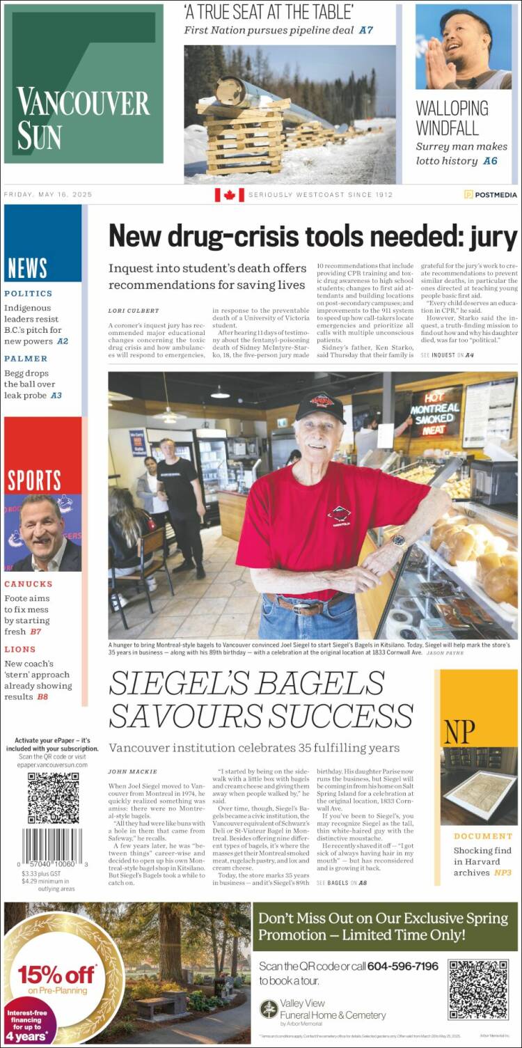Portada de The Vancouver Sun (Canadá)