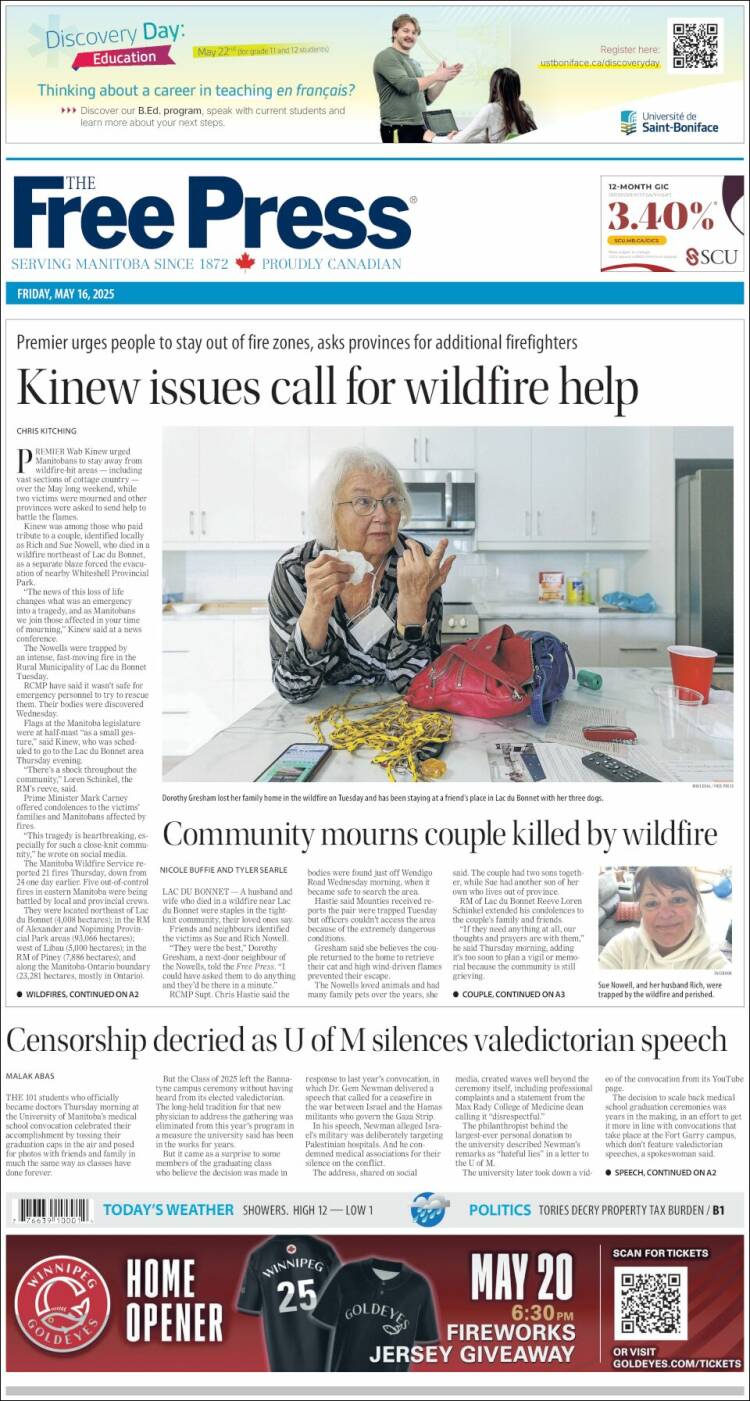 Portada de Winnipeg Free Press (Canadá)