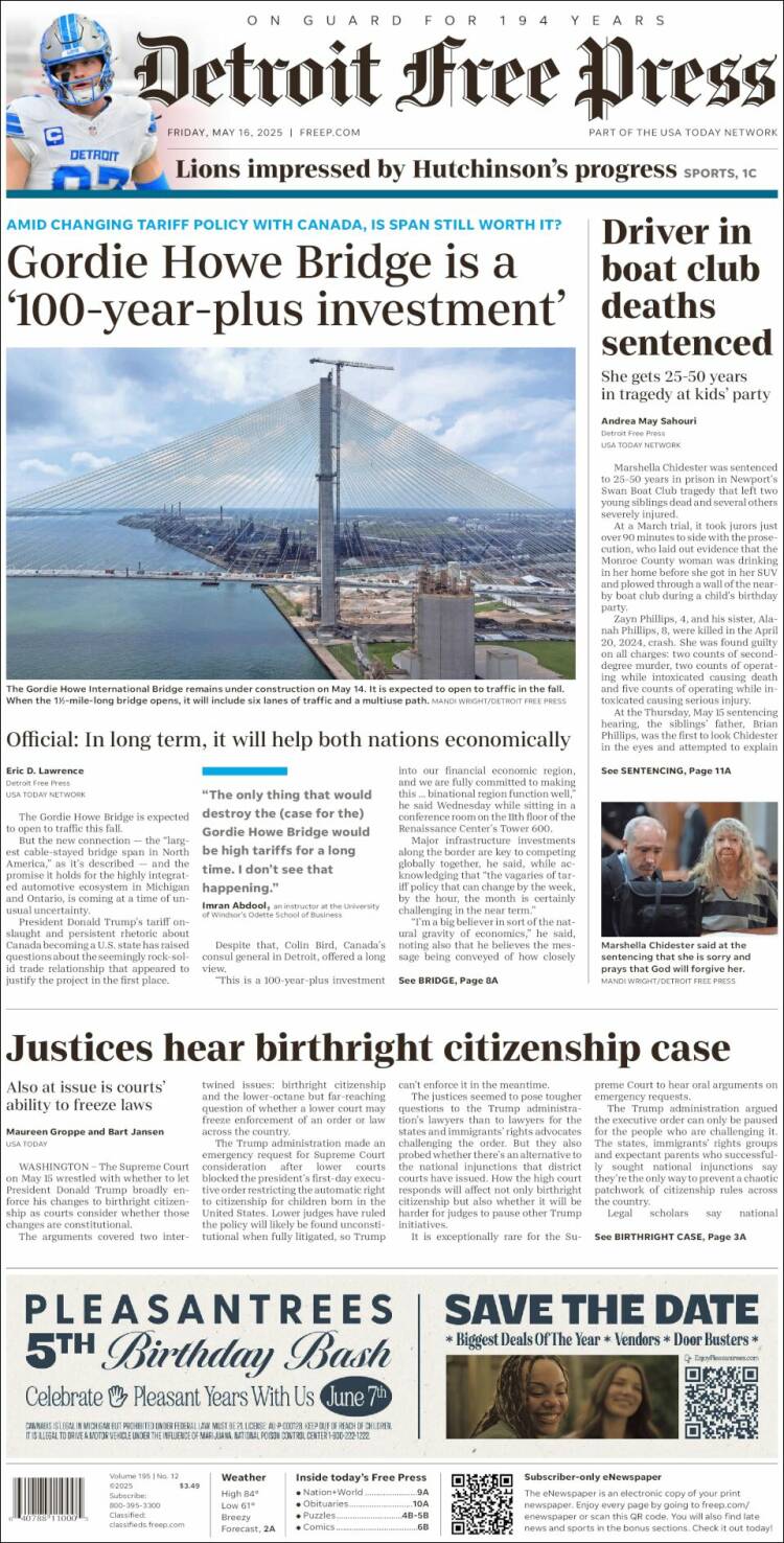 Portada de Detroit Free Press (USA)
