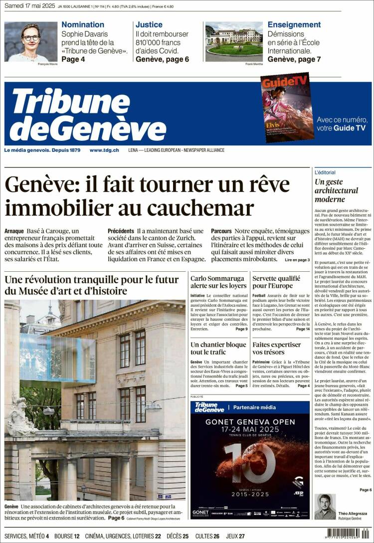 Portada de La Tribune de Genève (Suisse)
