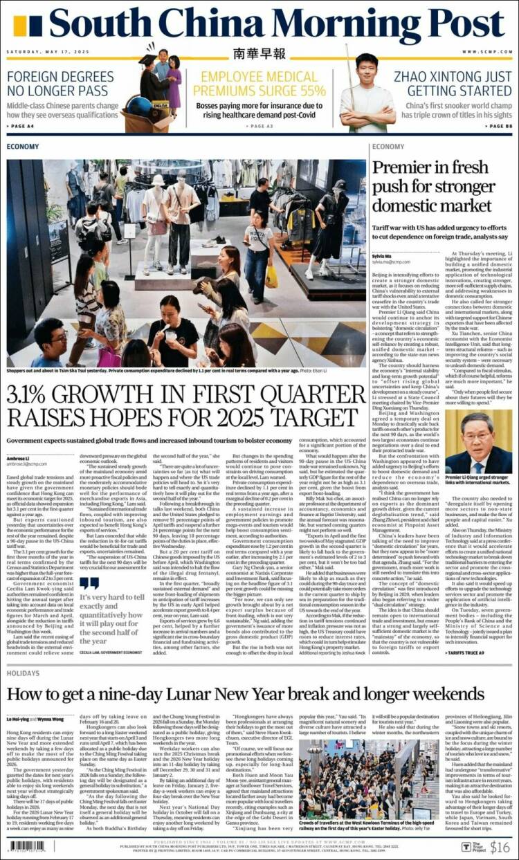 Portada de South China Morning Post (China)