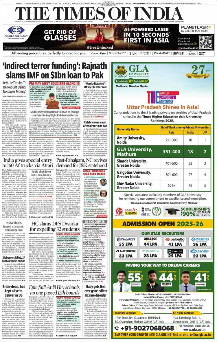 Portada de The Times of India (India)