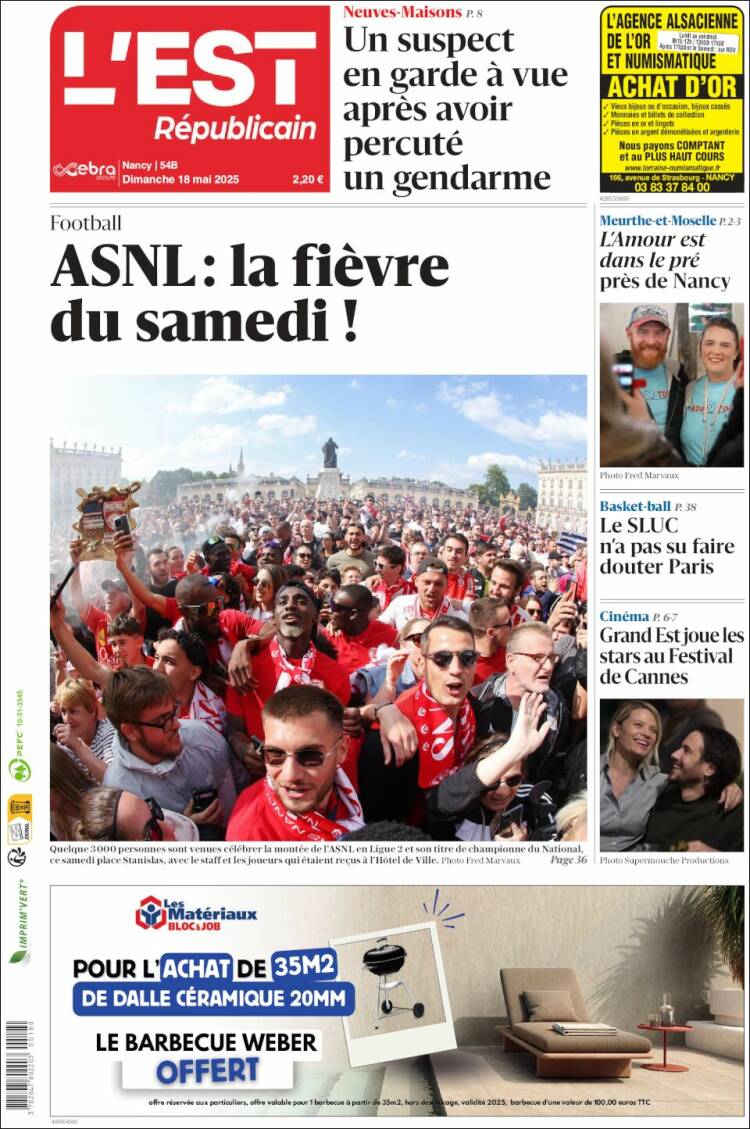 Portada de L'Est Republicain (Francia)
