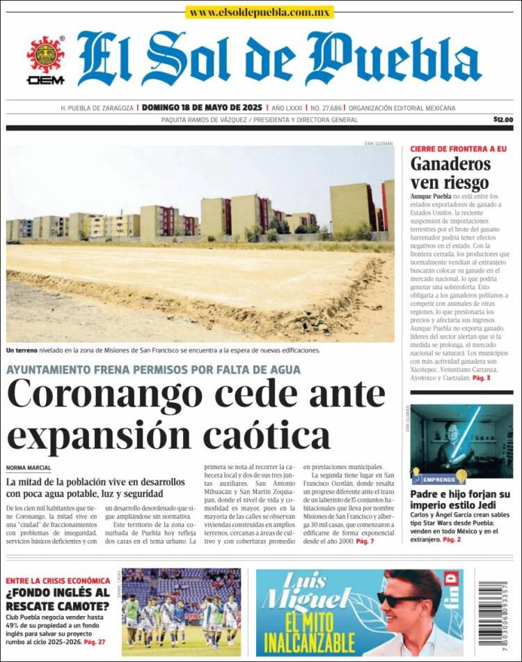Portada de El Sol de Puebla (México)