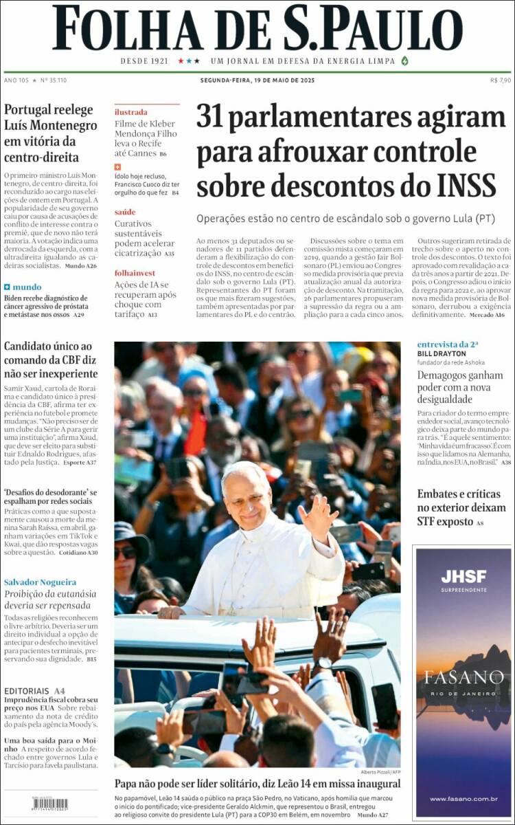 Portada de Folha de São Paulo (Brésil)