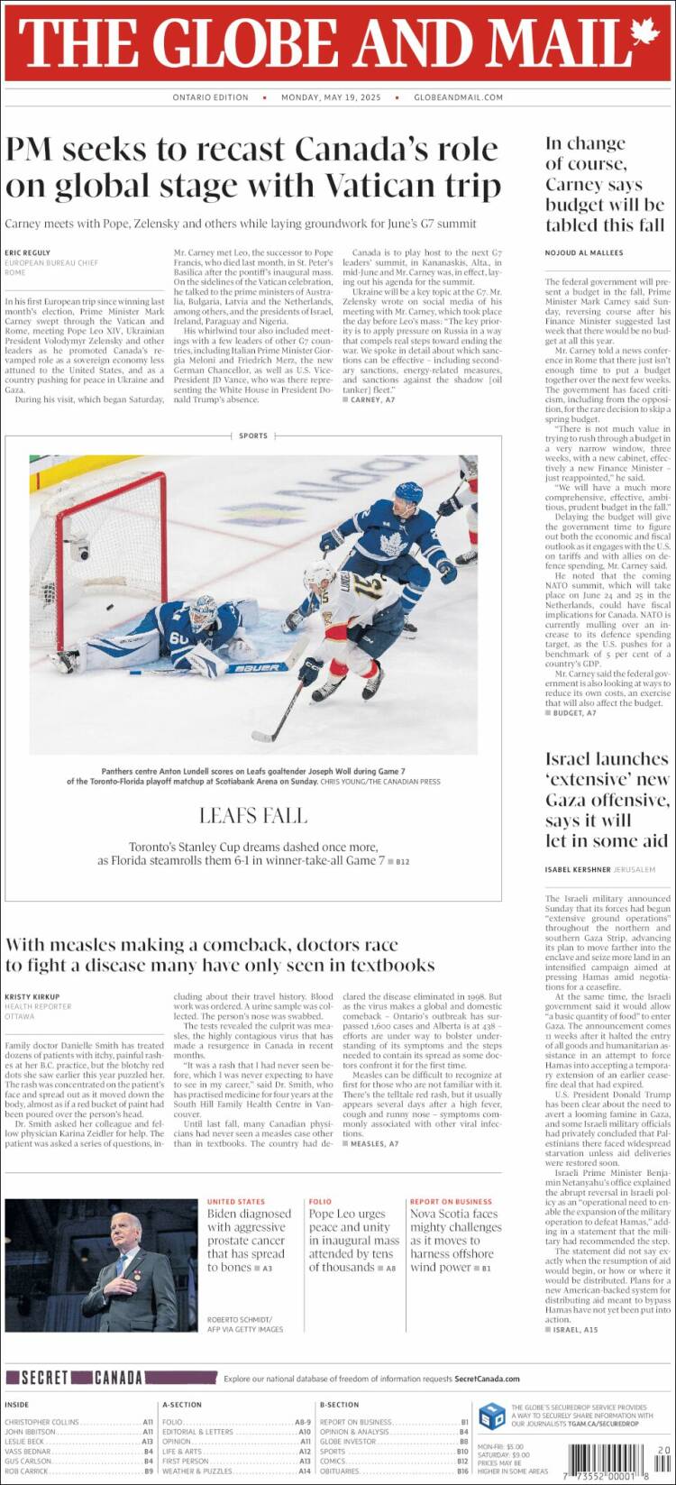 Portada de The Globe and Mail (Canadá)