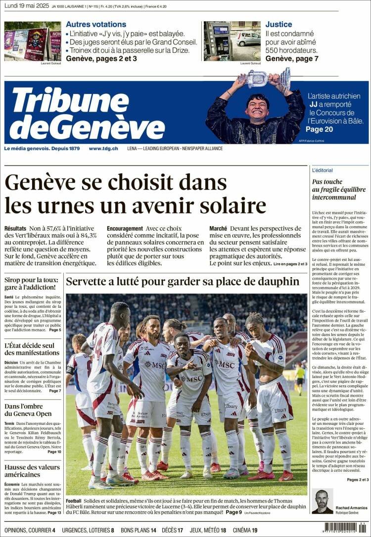 Portada de La Tribune de Genève (Suisse)