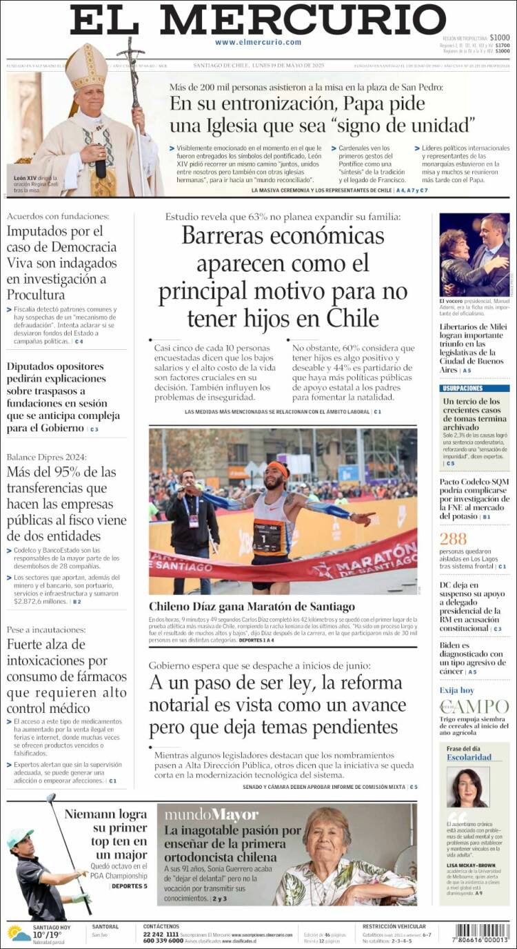 Portada de El Mercurio (Chili)