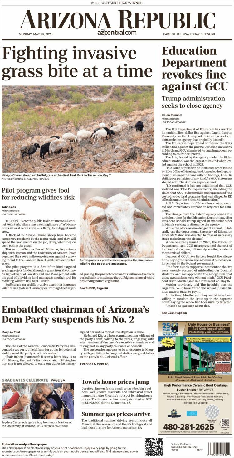 Portada de Arizona Republic News (USA)